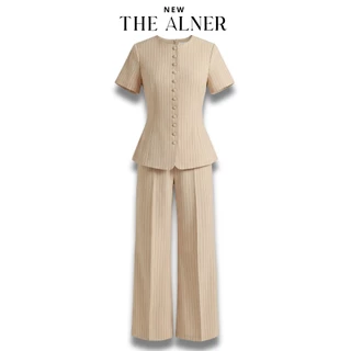 Thealner-AN257 (เซตเสื้อลายริ้วแขนสั้นแต่งกระดุมหน้ากางเกงขายาว)