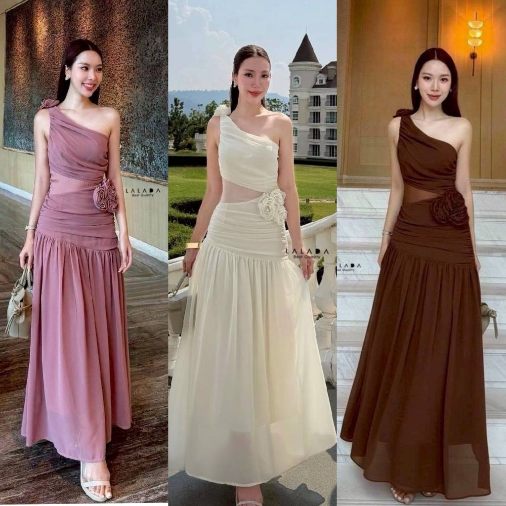 Lalada มินิเดรสเรียบหรู ผ้าชีฟองใส่ออกงานสวยติดแกลม  ไหล่เฉียงแต่งดอกไม้ที่ไหล่และเอว