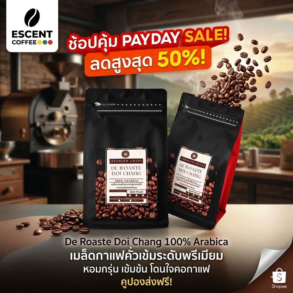 เมล็ดกาแฟดอยช้างอาราบิก้า คั่วเข้ม - เกรดพรีเมียม ขนาด 1 กิโลกรัม(500 กรัม * 2 ถุง)