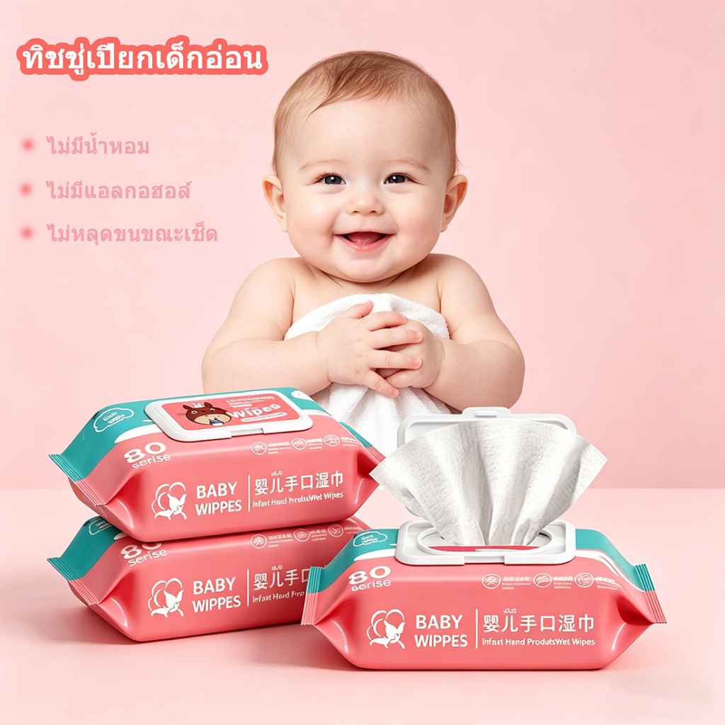 [1แพ็ค80แผ่น] ทิชชู่เปียกเด็กอ่อน ไร้แอลกอฮอล์อ่อนโยน ผ้าหนาทนทาน สำหรับเช็ดมือปากเด็ก