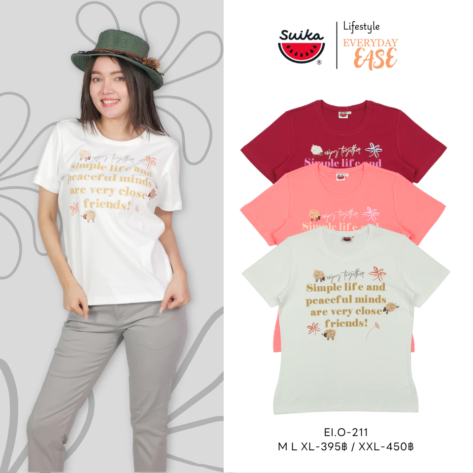 แตงโม (SUIKA) - เสื้อยืดคอกลมแขนสั้นผ้าอินเตอร์ล็อก ปักและพิมพ์ลาย (EI.O-211 273 265 102 )