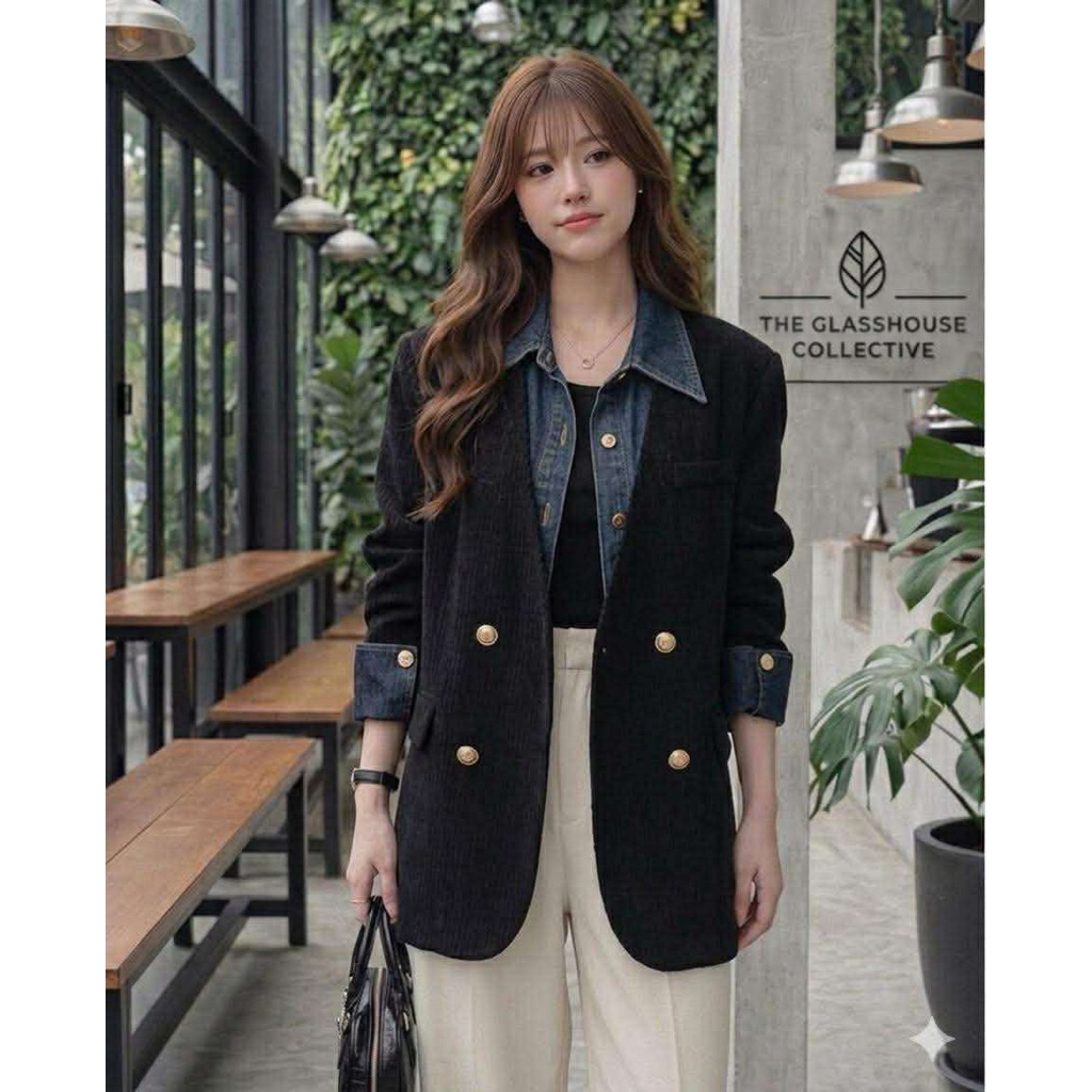 E54 สูทเบเซอแต่งแถบยีนส์ ผ้าริบลูกฟูก งานสุดเก๋ พร้อมส่ง