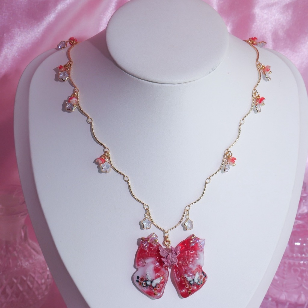 MIMEAR U460 สร้อยคอโบว์แดง Red Butterfly Bow Necklace เรซิ่นทำมือ 14K CZ Limited