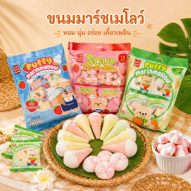 ตัวฮิต! มาร์ชเมลโล่ 8ถุง 96ซอง หอมนุ่ม หวานกลมกล่อม หลากรสชาติ มีฮาลาล ขนมทานเล่นยอดฮิต ราคาถูก