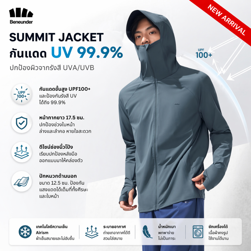 Beneunder เสื้อแจ็คเก็ตกันแดดสำหรับผู้ชาย UV99.9% รุ่น Summit ใหม่ล่าสุด