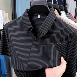 kcloset - เสื้อโปโลผ้าไหมน้ำแข็งสำหรับผู้ชาย สไตล์เกาหลี แขนสั้น คอวี ลายทางแนวตั้ง