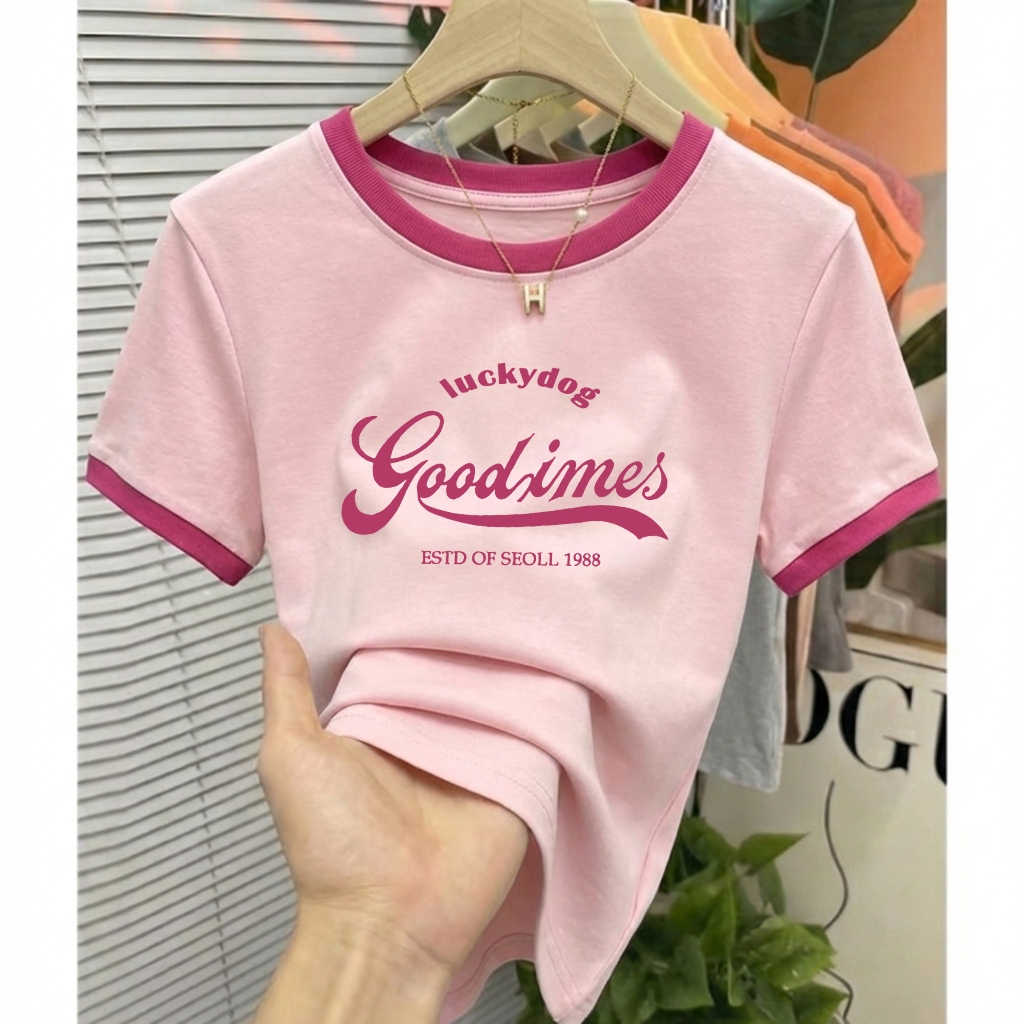 เสื้อยืดคอกลมทรงหลวมสไตล์เกาหลี ดีไซน์ตัวอักษรน่ารัก ทันสมัยและใช้งานได้หลากหลาย มีให้เลือกหลายขนาดตั้งแต่ M-3XL