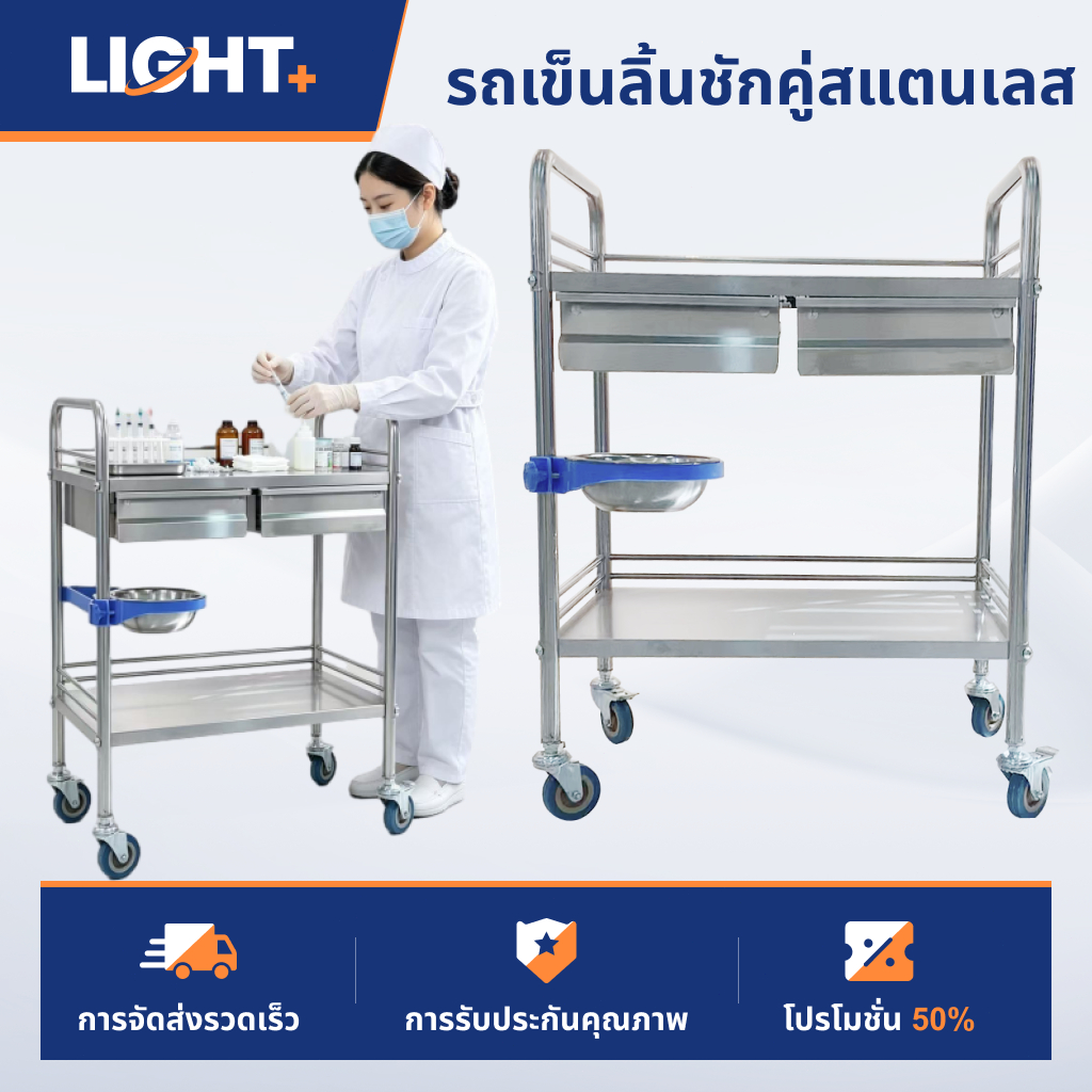 【จัดส่งจากกรุงเทพฯ】รถเข็นหัตถการ รถเข็นแพทย์ รถเข็นหัตถการ รถทำแผล รถเข็นรักษาสแตนเลสชั้นวางโ ลิ้นชักคู่ Hospital cart