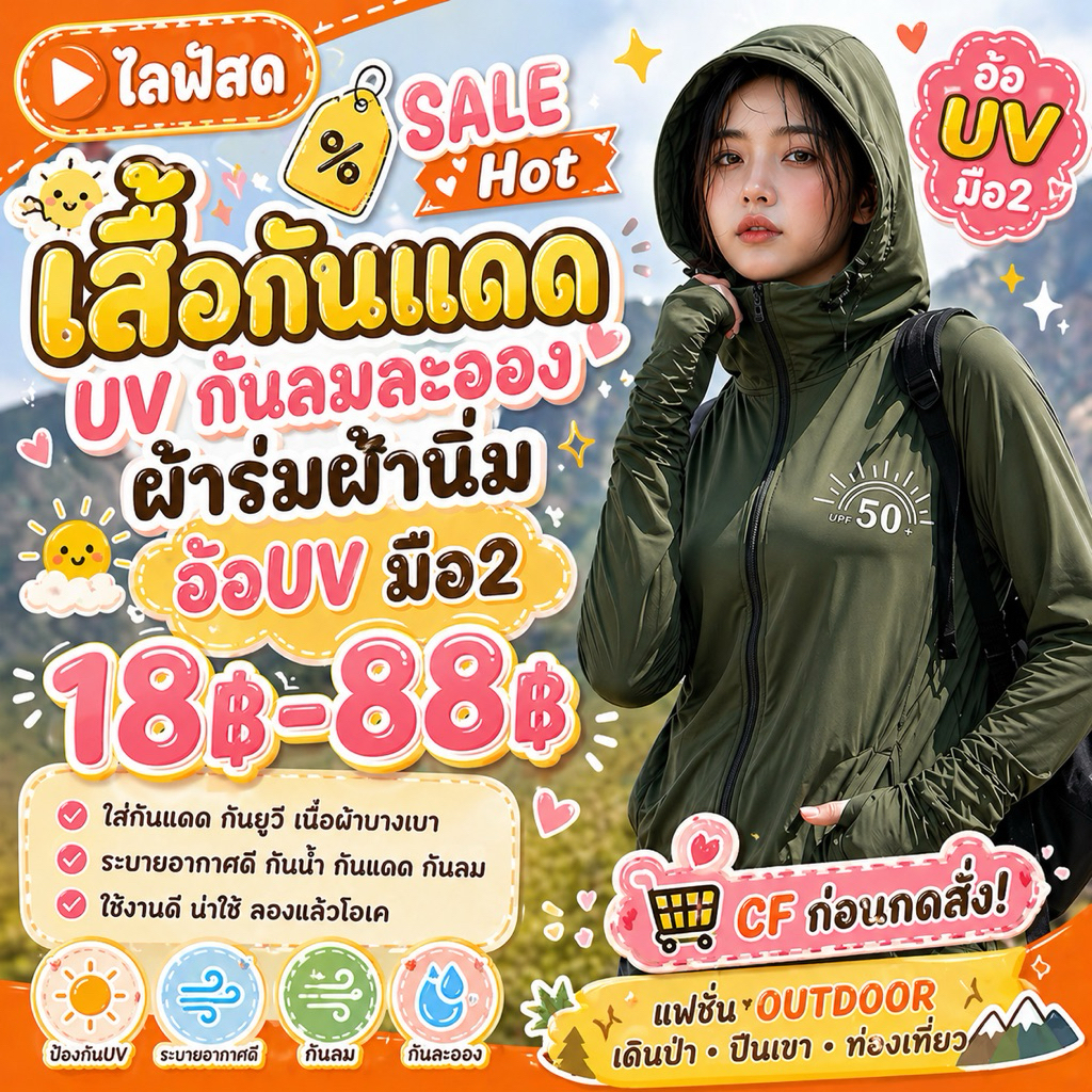 18฿-88฿ ไลฟ์สด“เสื้อกันแดดUVกันลมละออง ผ้าร่มผ้านิ่มมือ2 มีฮู้ด