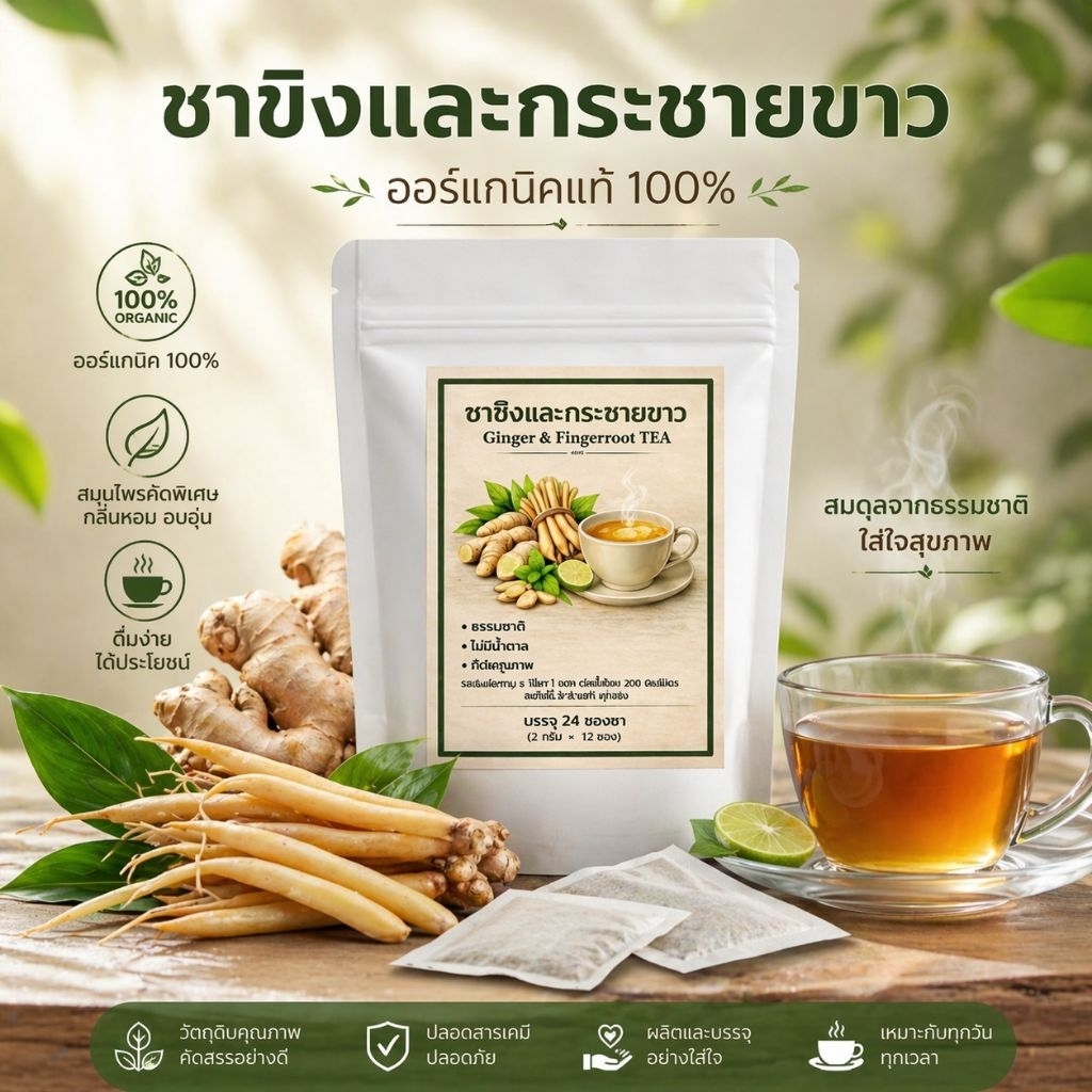 ชาขิงและกระชายขาว 12 ซองชา ได้ร้อนและเย็น ธรรมชาติแท้ 100% สินค้าออร์แกนิก ชาสมุนไพรสูตรธรรมชาติควัตถุดิบคุณภาพดื่มง่าย