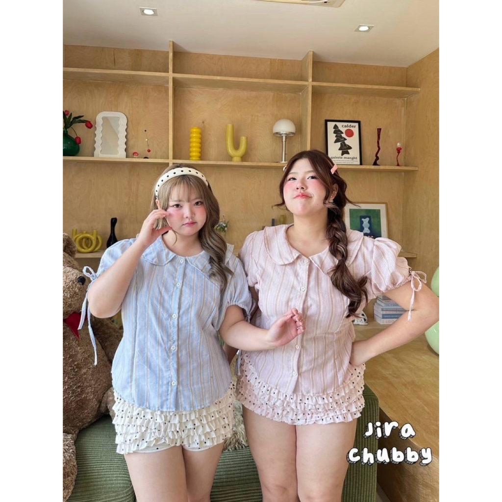 เสื้อคอบัว ลายริ้ว เสื้อสาวอวบ อก36-48นิ้ว Freesize เสื้อคอปกสาวอวบ Jira Chubby
