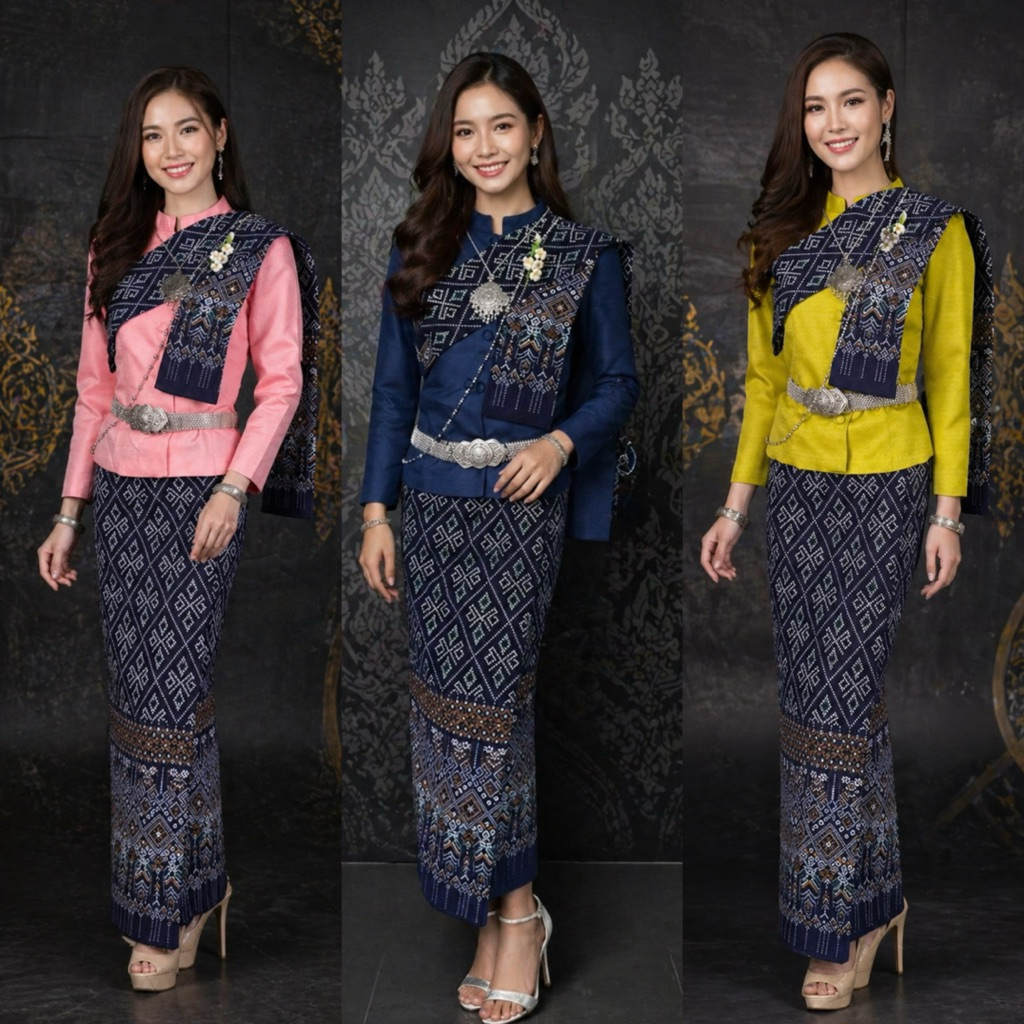 ชุดนางรำอีสานประยุกต์เสื้อ + สไบ + ผ้าถุงพิมพ์ ลายไชร์เสื้อมีตั้งแต่อก 32 ถึงอก 50