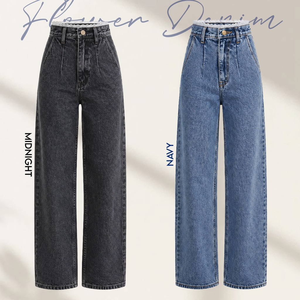 กางเกงยีนส์เอวสูงขากระบอกขอบลูกไม้ รุ่น Flower Denim