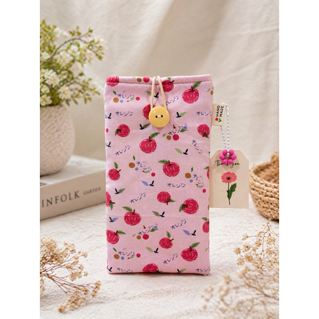 ซองใส่มือถือ ผ้าคอตตอน ลายแอปเปิ้ล 🍎 (Handmade) น่ารักสดใส สไตล์ญี่ปุ่น แถมพวงกุญแจคละสี