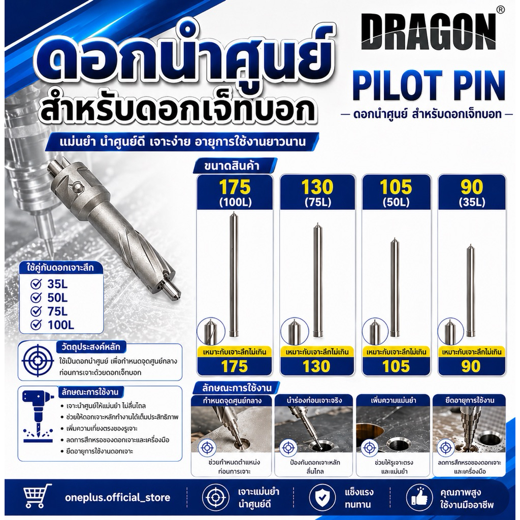ดอกนำศูนย์ที่ใช้กับดอกเจ็ทบอท PILOT PIN for Annualar Cutter 35L, 50L, 75L, 100L (DRAGON)