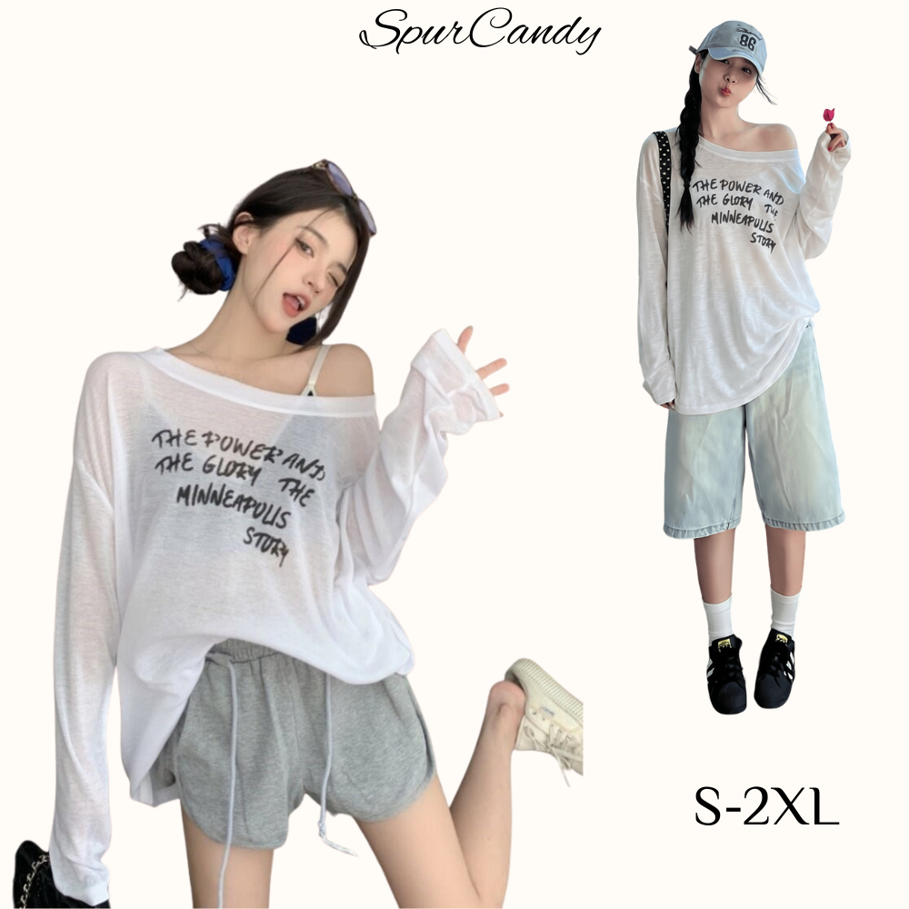 SuperCandy เสื้อยืดแขนยาวพิมพ์ลายตัวอักษรแบบบาง กันแดด ทรงหลวม ใส่สบาย เหมาะสำหรับฤดูร้อน ช่วยให้ดูผอมเพรียว