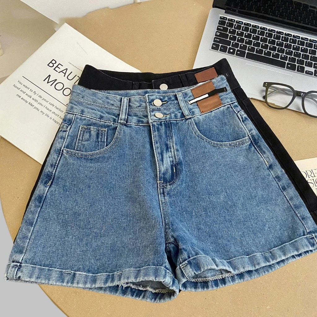 S~5XL A-line straight shorts Blue Black กางเกงขาสั้นเอวสูงดีไซน์กระดุมสองแถวสีน้ำเงินสุดเก๋ กางเกงยีนส์ขาสั้นทรงหลวม HOT