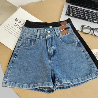 S~5XL A-line straight shorts Blue Black กางเกงขาสั้นเอวสูงดีไซน์กระดุมสองแถวสีน้ำเงินสุดเก๋ กางเกงยีนส์ขาสั้นทรงหลวม HOT