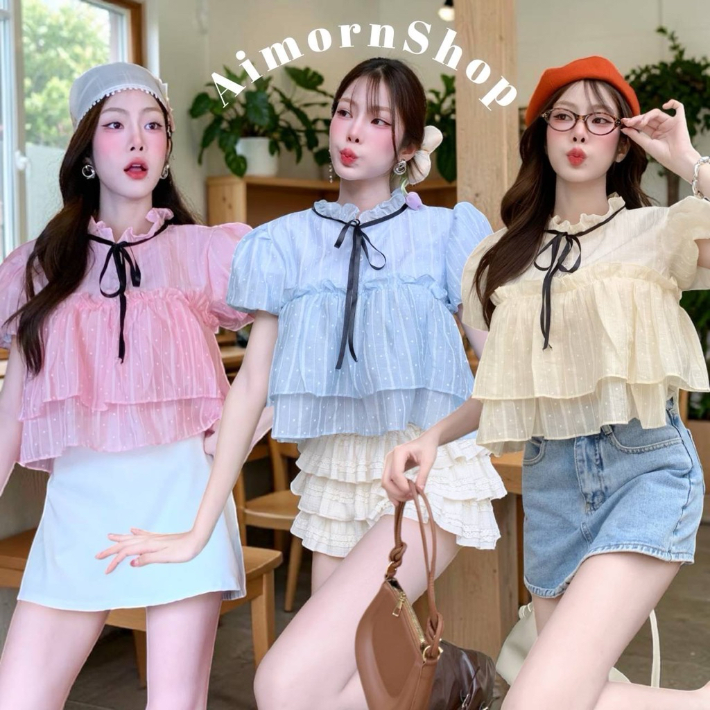 🔥aimorn_shop🔥 เสื้อแขนบอลลูน คอระบายผูกโบว์หน้า แต่งกระดุมน่ารักๆ ผ้าใส่สบายมาก