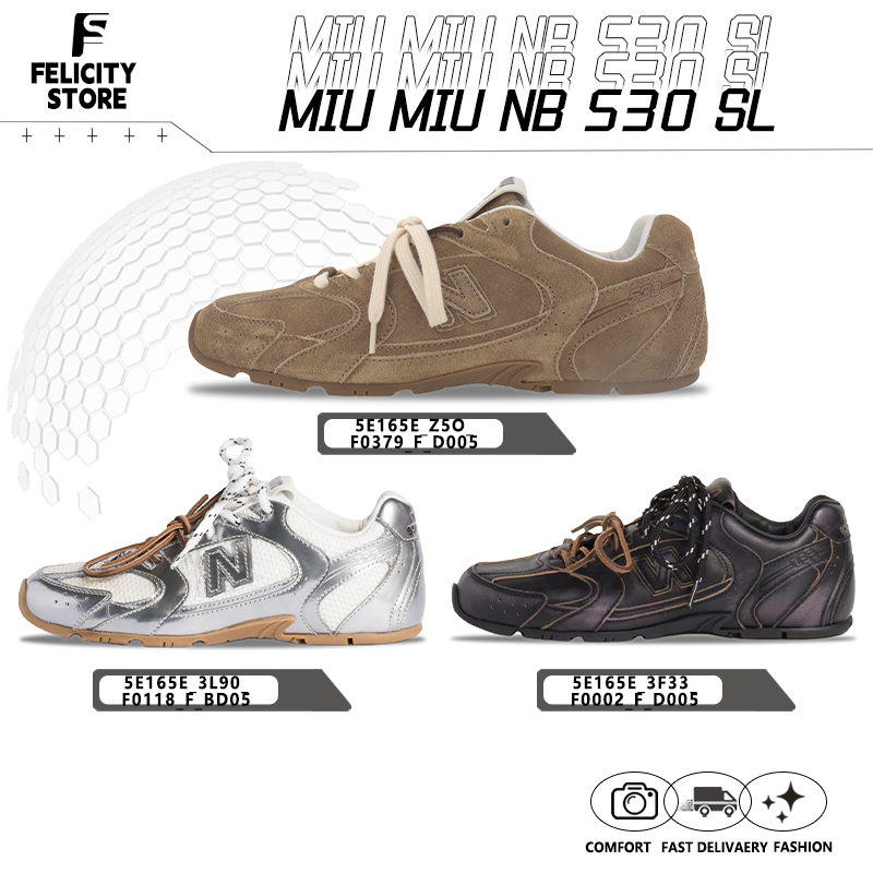 ของแท้ 100%▶  x MIU MIU NB 530 SL รองเท้าผ้าใบส้นแบน Silver/Grown/Khaki 🍫