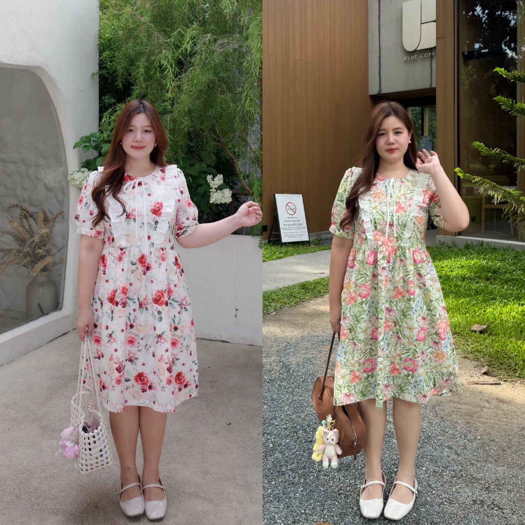 (❤️อกถึง 50") Ruffled Dress เดรสสาวอวบ ชุดสาวอวบ