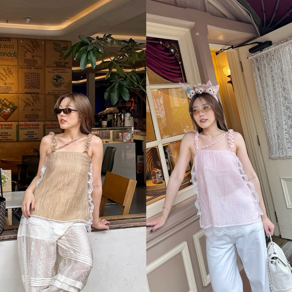 Pretzel Top *รอ 7-10 วัน* เสื้อสายเดี่ยว แต่งสายระบายและลูกไม้ ใส่สบาย