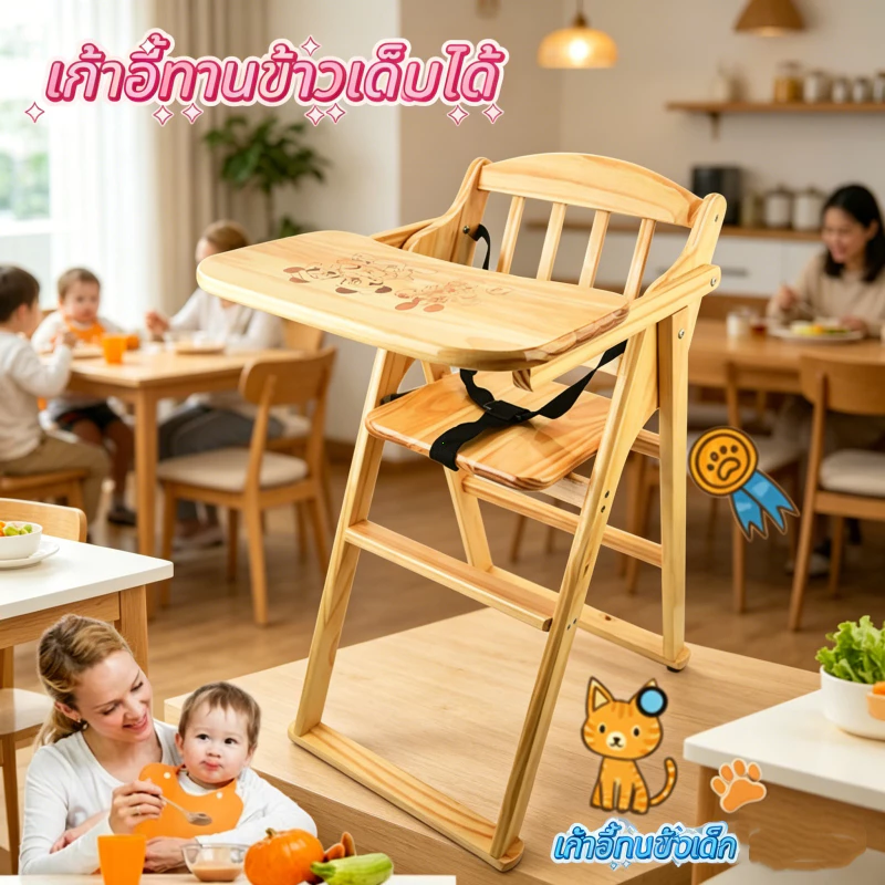 เก้าอี้เด็กกินข้าวไม้เนื้อแข็งแบบพับได้ สำหรับใช้ในบ้านและโรงแรม