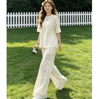 Swan shop ชุดเซ็ตผู้หญิง เสื้อถักลายฉลุ แขนสั้น + กางเกงขายาวทรงหลวม เอวยางยืด สไตล์เกาหลี น่ารัก ใส่สบาย