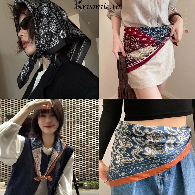 COD-ในไทย💖ผ้าโพกหัว ผ้าบันดานา 70x70 ผ้าคลุมผม ผ้าฝ้ายลินิน อเนกประสงค์ วินเทจสไตล์อเมริกัน สำหรับผู้หญิง-Kri