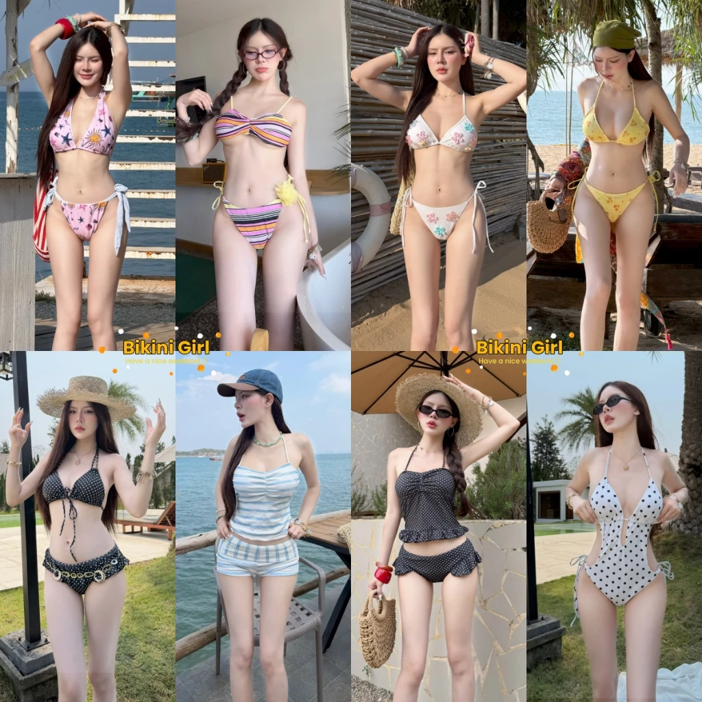 ชุดว่ายน้ำขายดีที่สุด สายรัดคอและเชือกข้าง ลายทาง/ลายตาราง/ลายจุด ชุดว่ายน้ำ bikini เหมาะกับทะเล น่ารักและหวาน