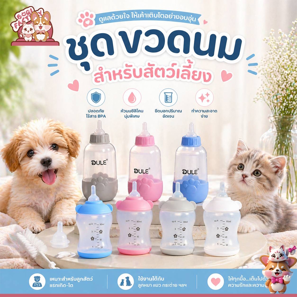 Boqi factory ขวดนมสำหรับป้อนลูกสุนัข แมว ขวดนมสำหรับสัตว์ จุ๊กนมนุ่ม ใช้ป้อนลูกสุนัขแรกเกิดและ ลูกแมว LS214-LS215