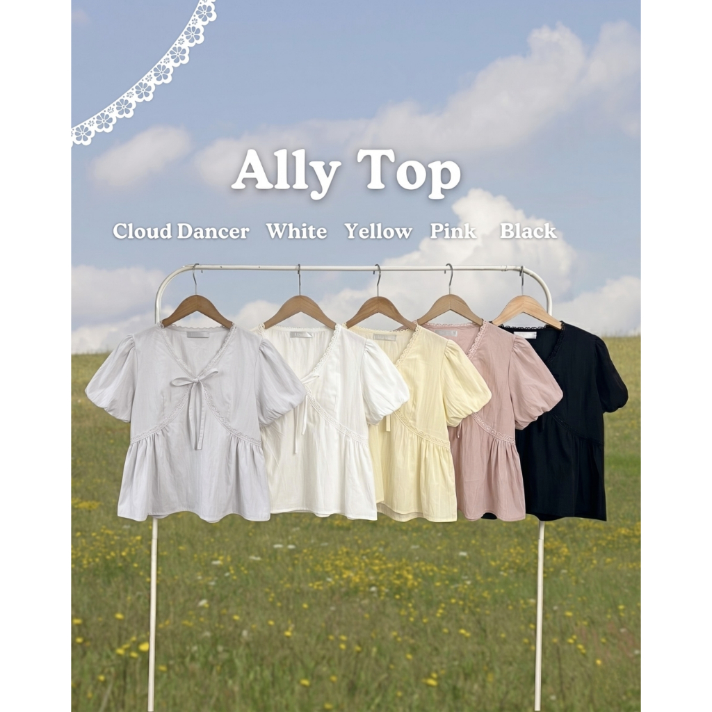 Ally Top เสื้อแขนสั้นแต่งขอบลูกไม้ ผูกโบว์น่ารัก Miladi