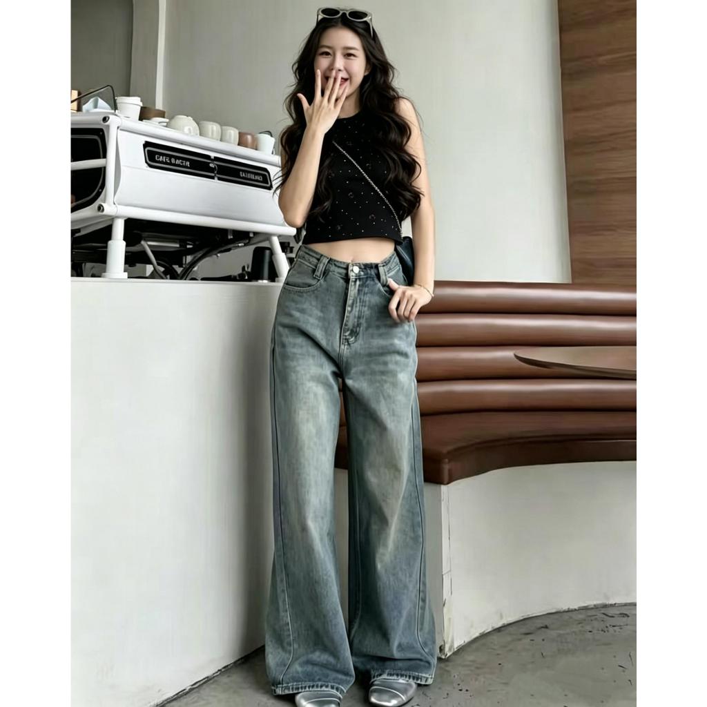 กางเกงยีนส์ผู้หญิงเอวสูง ทรงตรงขากว้าง ทรงสวยผอมสวย ใส่สบายผ้านิ่ม แมทง่ายไม่ยากจัด แต่งตัวได้ทุกลุคในชีวิตประจำวัน