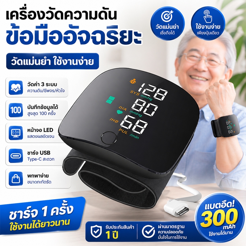 ส่งจากไทย เครื่องวัด ความดัน ข้อมือ อัตโนมัติอย่างเต็มที่ หน้าจอสัมผัสอัจฉริยะ