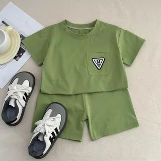 ชุดเสื้อแขนสั้นเด็ก ชุดเซ็ตเด็กแฟชั่น สีพื้น มีกระเป๋า สีสดใส ใส่เที่ยวได้ ไซส์80-130