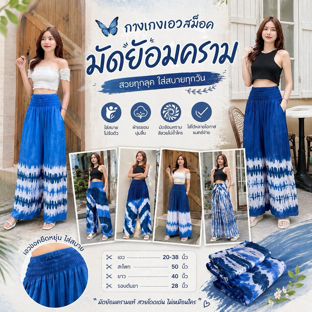 (ร้านส่งไว)กางเกงมัดย้อม เอวสม็อค / ทรงปาล์มมี่ สีสวย มัดย้อมคราม พร้อมส่ง