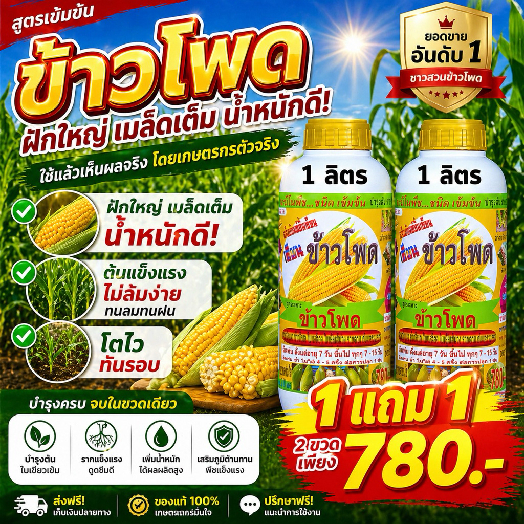 เซียนข้าวโพด 1แถม1 ทรงฟักยาว เพิ่มผลผลิต รากและต้นแข็งแรง ช่วยเพิ่มรสชาติให้หวาน อายุเก็บเกี่ยวสั้นลง ทนต่อโรคและแมลง
