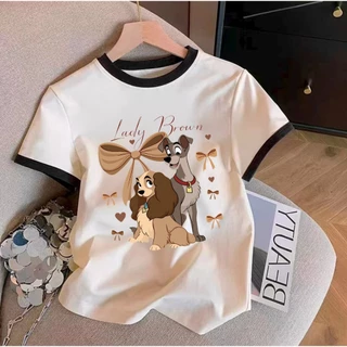 M-3XL เสื้อทีเชิร์ตผู้หญิง ลายสุนัข Lady Brown น่ารัก สีครีม-น้ำตาล แฟชั่นฤดูร้อน ใส่สบาย