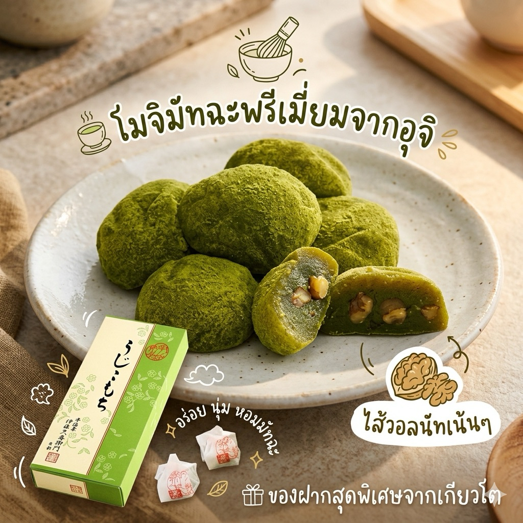 ของใหม่จากญี่ปุ่น โมจิมัทฉะวอทนัท เพิ่มรสชาตของชาเขียว ผิวด้านนอกโรยด้วยคินาโกะกับผงมัชฉะ