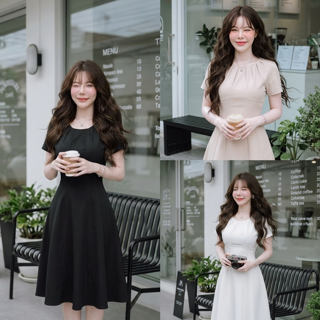 D244 เดรสบาบี้คอกลม แต่งจีบที่คอ ทรงCorset  มีไซส์ S-3XL ความยาว 39-40 นิ้ว