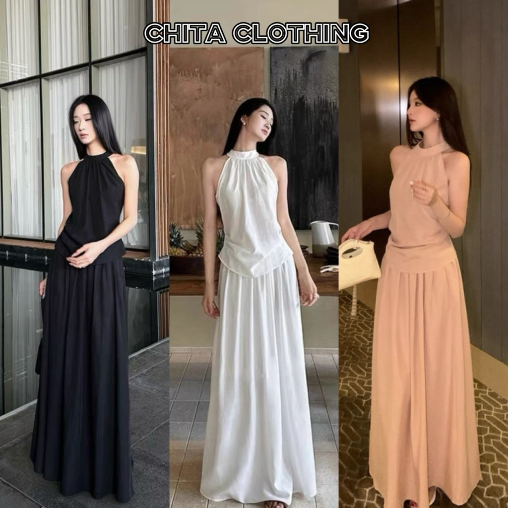 9214# Set 2 pcs เสื้อแขนกุดงานซิปหลัง + กระโปรงเอวยางยืด เนื้อผ้าดี ทรงสวย มีซับใน TAG:WG.WE 🇰🇷