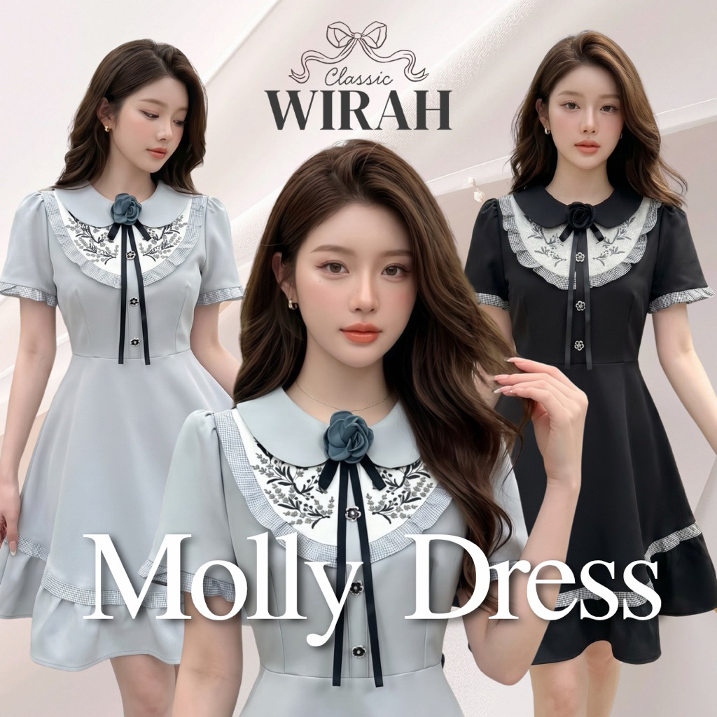 DW340 Molly Dress ชุดเดรสสั้นกระโปรงทรงบาน งานปักสวยงามพร้อมเข็มกลัด