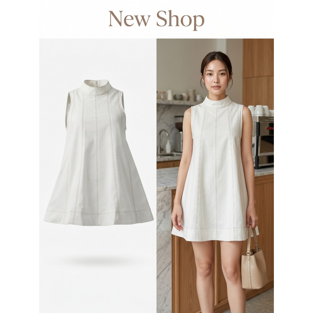 เสื้อแขนกุด คอสูง ดีเทลเย็บตะเข็บแนวตั้ง มีกระดุมคอด้านหลัง มี 2 สี สีขาว/สีกรม
