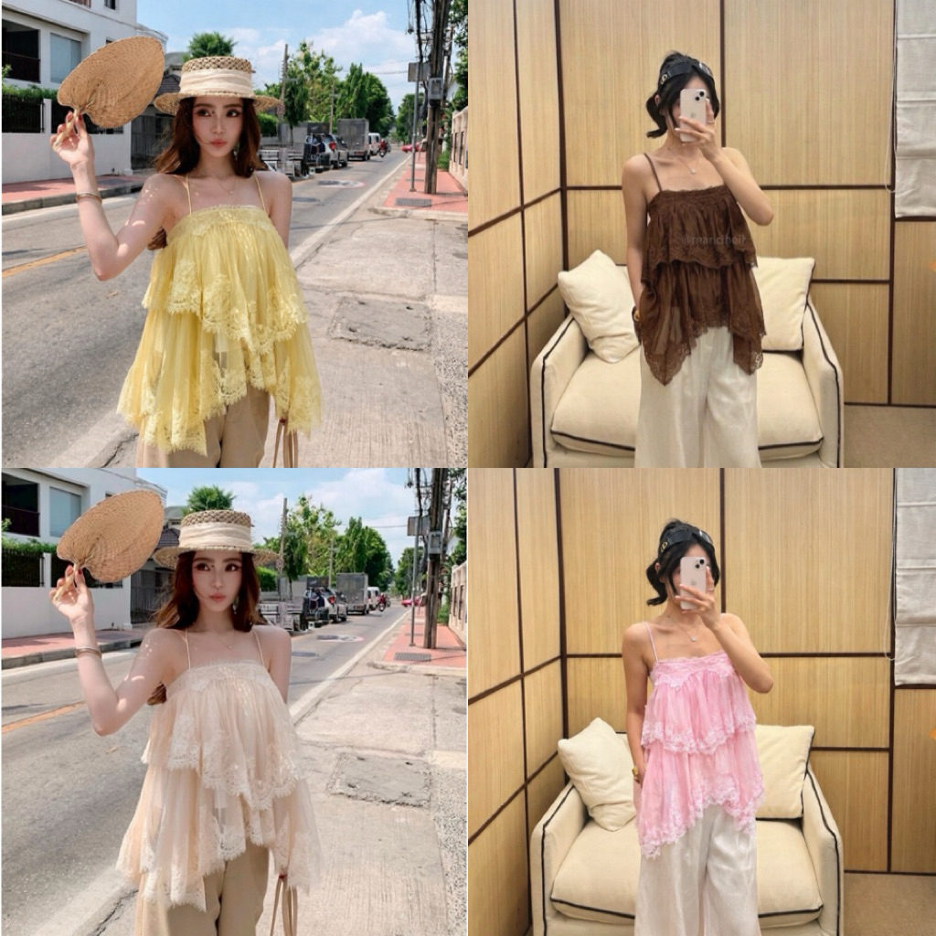 MAYU✨พร้อมส่ง🌸🥂เสื้อสายเดี่ยวชั้นดีเทลลูกไม้งานดีเทลแน่น