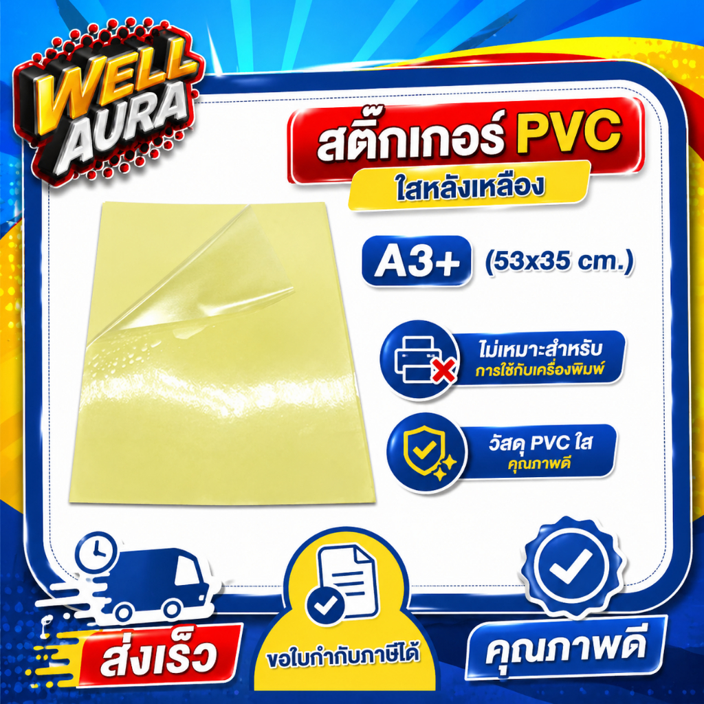 สติ๊กเกอร์ใสหลังเหลือง A3+ (53x35 cm.), สติ๊กเกอร์ A3+ (100 แผ่น) PVC