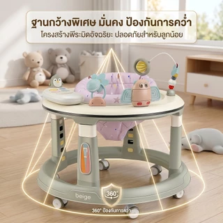 Beige รถหัดเดินเด็ก 3 in 1 สำหรับวัย 6-12 เดือน เบาะนั่งหมุน 360° ปรับระดับได้ มีเสียงเพลงไฟ ฐานกว้างกันคว่ำ