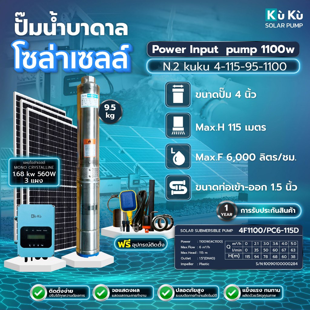 ปั๊มน้ำบาดาล โซลาร์เซลล์ 1.68 Kw (3*560) KUKU PUMP N.2 DC 1100W Max.H 115m Max.F 95 L/S 1.5"