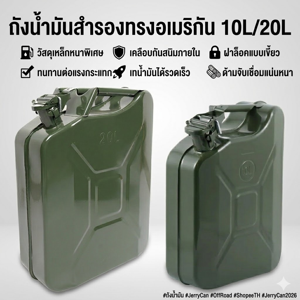 ถังน้ำมันเหล็ก 10L/20L ถังน้ำมันสำรอง ทรงอเมริกัน กันสนิม ไม่รั่วซึม สำหรับเบนซิน/ดีเซล