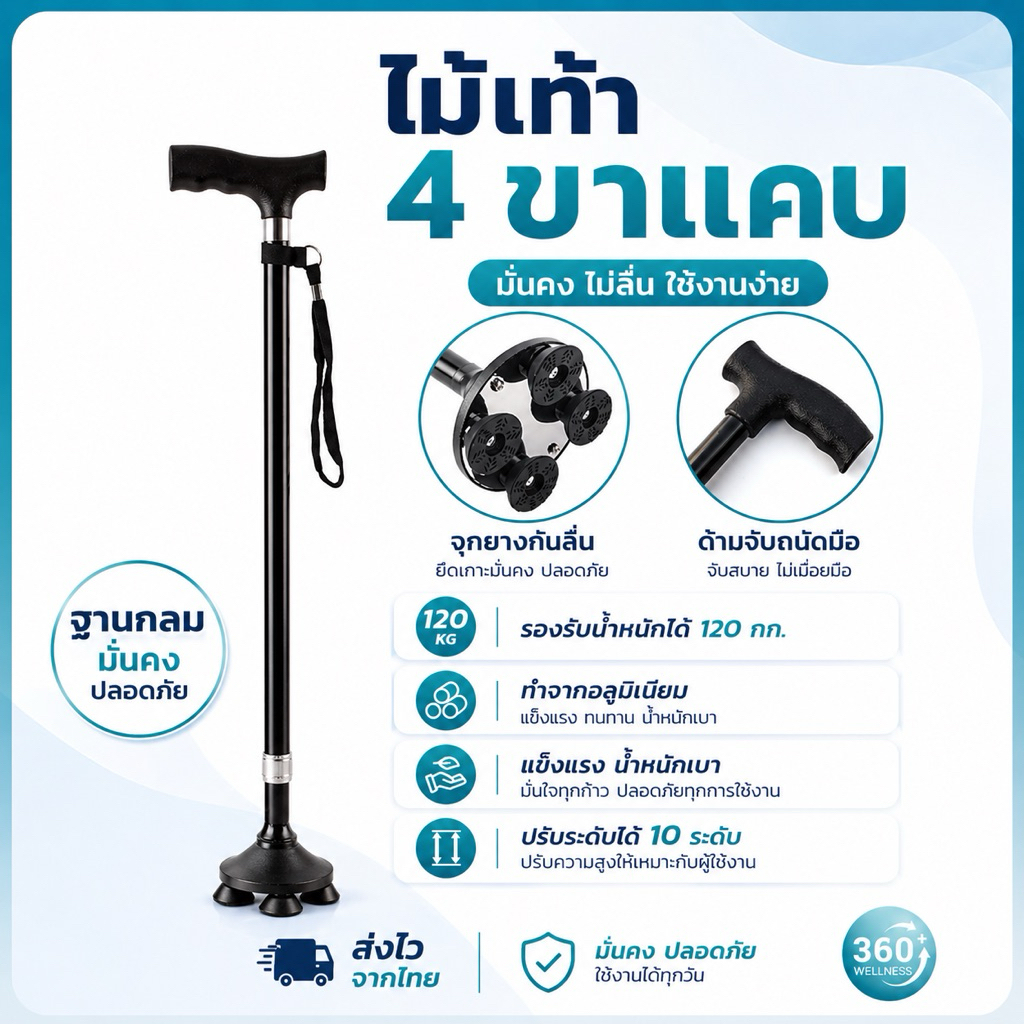 [360wellness เพื่อสุขภาพครบวงจร] ไม้เท้าผู้สูงอายุ รองรับได้ 120 กก. *ฐานขาแคบ* 4 ขา & 3 ขา ช่วยพยุง