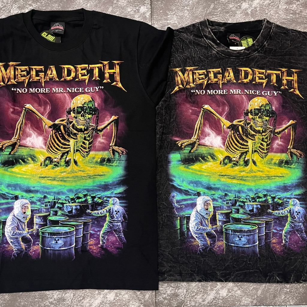 เสื้อยืดผ้าฟอก-ผ้าดำ MegaDethตราชั่งไฟ(ป้ายRocktee เรืองแสง) ผ้าCotton100